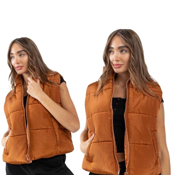 🆕Oversized zip up puffer vest in camel - Picture 4 of 7